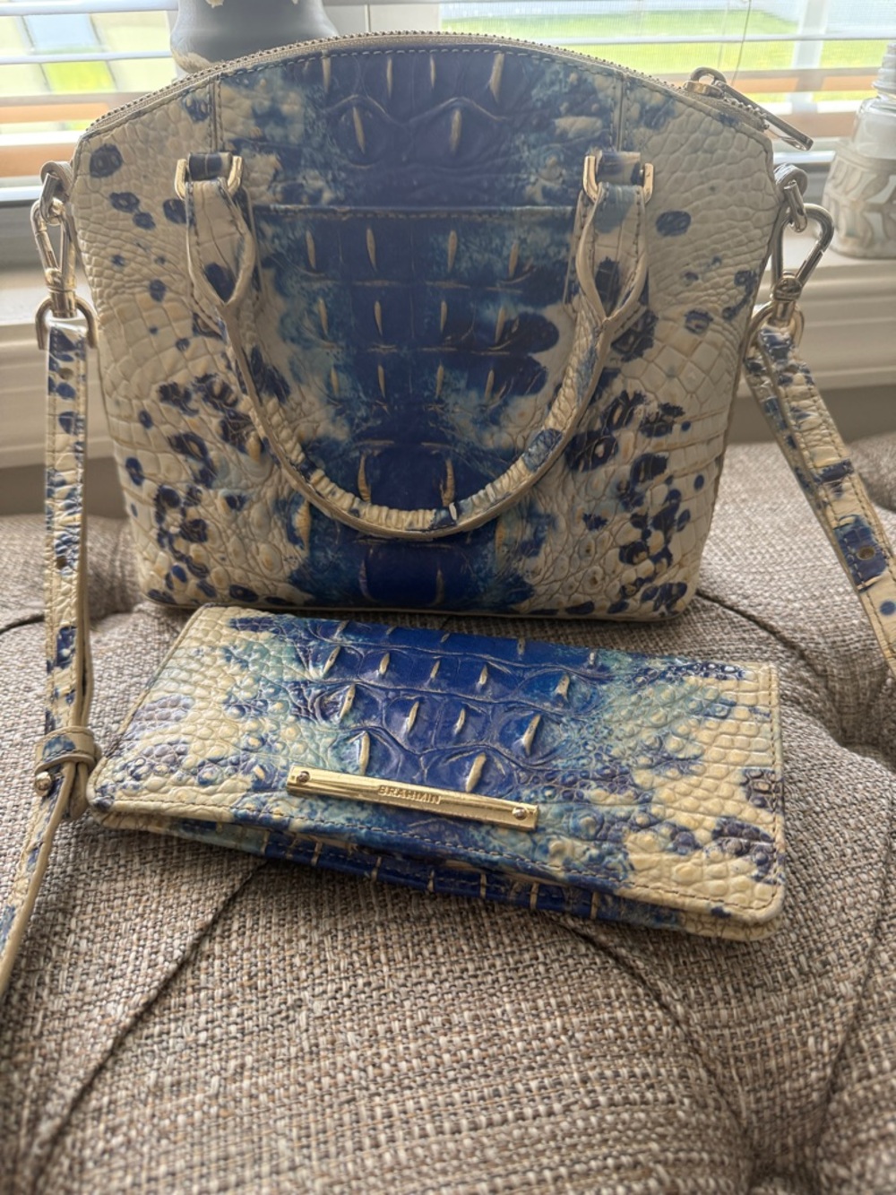 Brahmin Blue and Cream Croc-Embossed Satchel with Matching Wallet